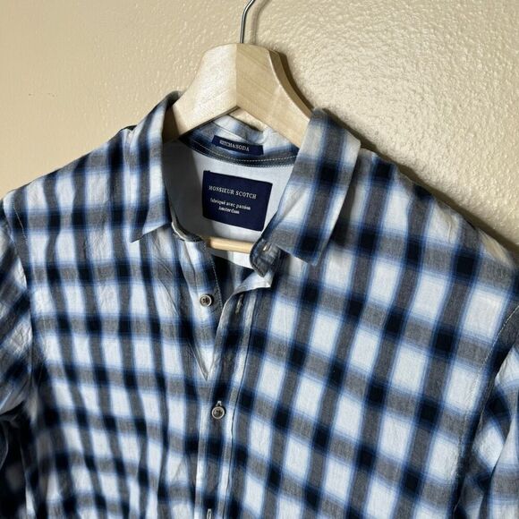 Scotch & Soda Shirt Mens Medium Blue Button Up Plaid Long Sleeve Classic Fit New - Picture 3 of 12